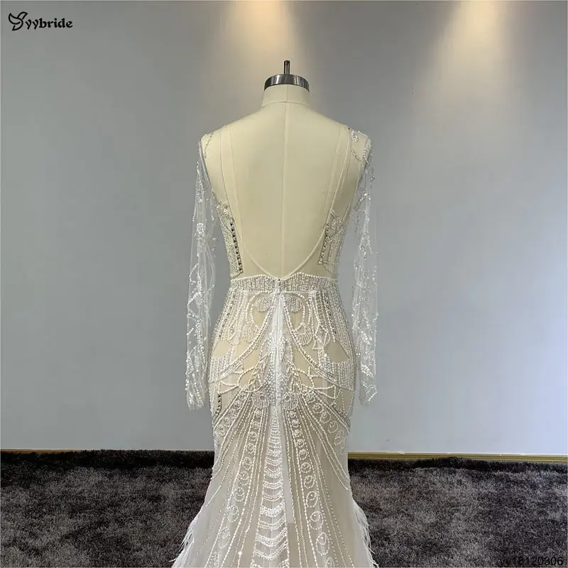 Преодолеть Индивидуальные Длинные рукава совок шеи свадебное платье Бисер Кристаллы с платье с перьями Royal Свадебные платья