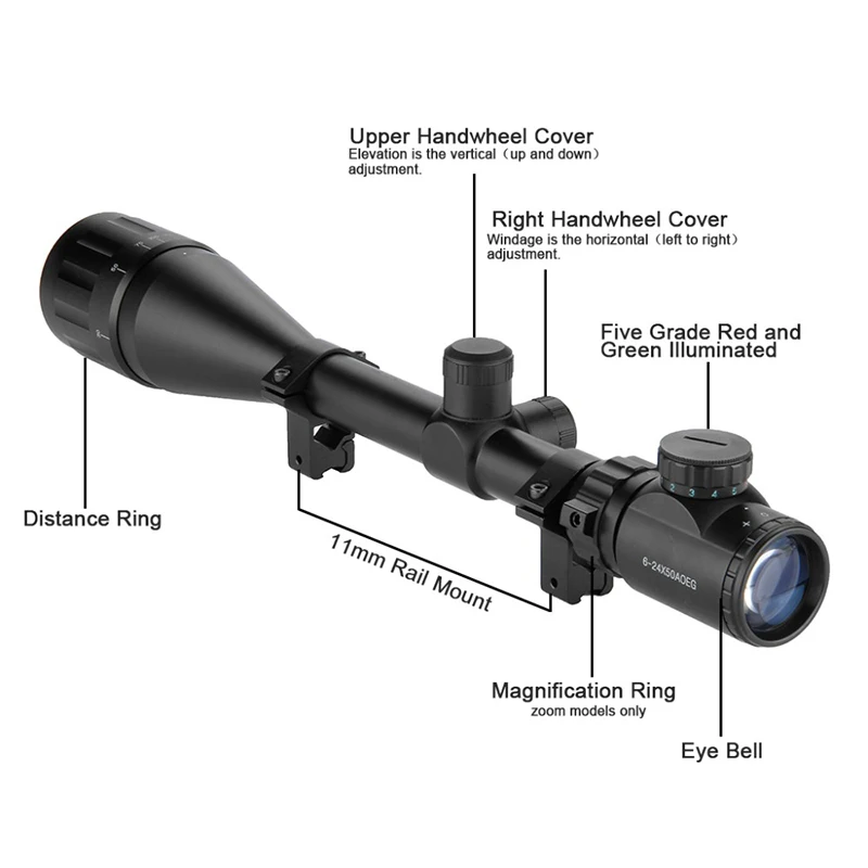 Тактический 6-24x50 AOE зеленый Red Dot прицел военный Охота Шестерни страйкбол воздушного Пистолеты прицел пригодный для 11 мм или 20 мм Rail