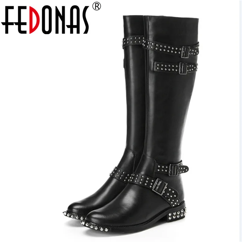 

FEDONAS Punk Knee High Boots Women Genuine Leather Rivets Buckles Long Motorcycle Boots Ladies Warm Autumn Winter Shoes Woman