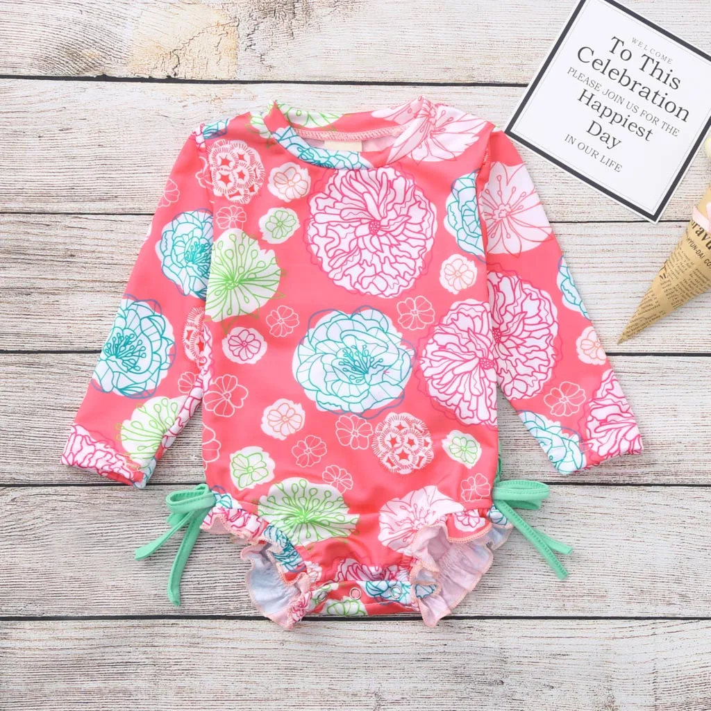

Swimwear Floral Printed Bikini Toddler Baby Girl Kids Swimsuit Beach Long Sleeve Kids Girl One Piece Swimsuit free ship MM618