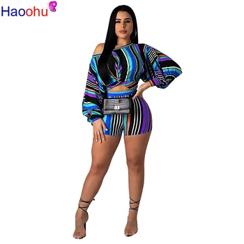 

HAOOHU Striped Casual Two Piece Set Off Shoulder Long Puff Sleeve Twist Crop Top and Shorts Sexy Club Summer Outfits for Women