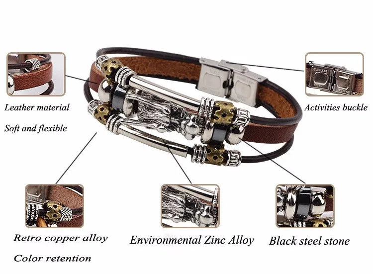 bracelet men Accessoires homme 2016 Tibetan silver men leather bracelet fashion male vintage parataxis dragon Multilayer jewelry 45