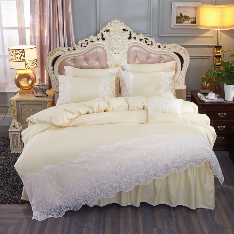 

Korean Style Beige Pink Gray 100% Cotton Princess Girls Bedding Set White Lace Duvet Cover Bed Sheet Bed Skirt Pillowcases 4pcs