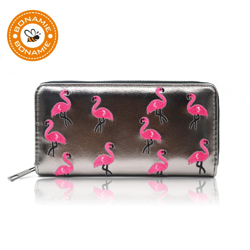 BONAMIE Purse Women Black Long Flamingo Wallet Girl Solid Embroidery Wallet Female Purse Coin Credit Card