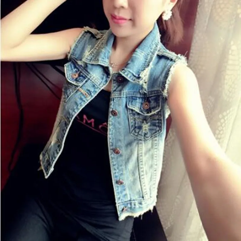 

2018 Fashion Casual Women Turn-down Collar Short Denim Vest Vintage Silm Jeans Outerwear