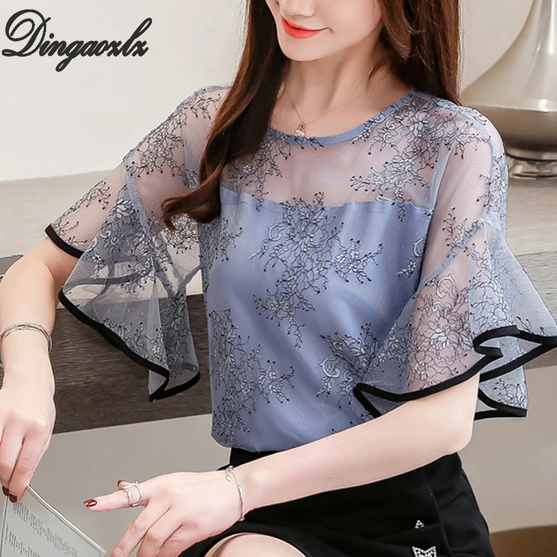 

Dingaozlz 2019 New Summer Women blouse Ruffles Hollow out Lady shirt Flares sleeve Casual Female Tops blusa feminina