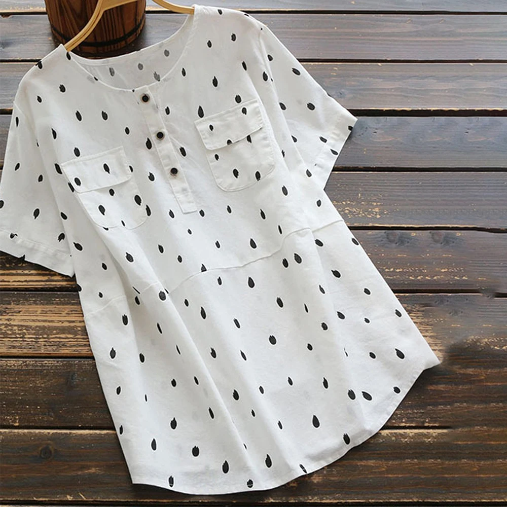 

Blouse Women Plus Size Summer Casual Short Sleeve Dot Pockets O Neck Linen Tops modis Women Shirts Streetwear blusas 5XL H30