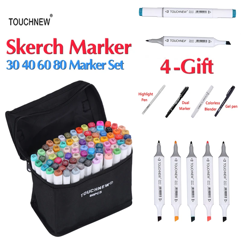 

TOUCHNEW 30/40/60/80 Colors Art Markers Dual Head Sketch Alcohol Based Marker Set Best For Drawing Manga Design Art Supplies