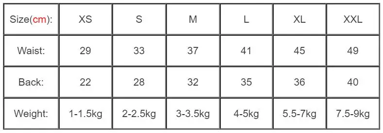 dog clothes size chart
