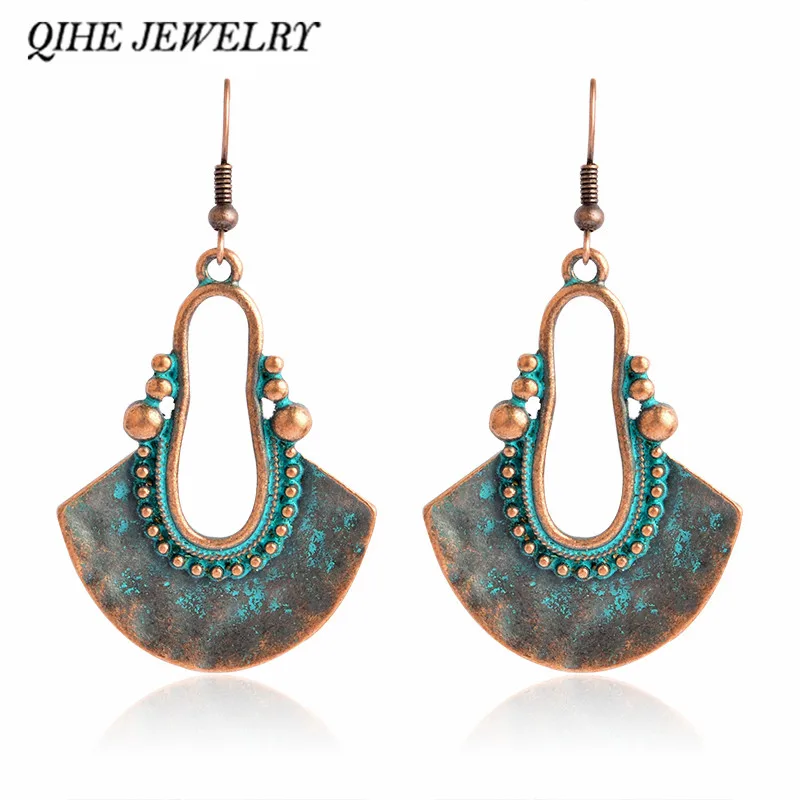 QIHE JEWELRY Dangle earrings 3 Color Verdigris Rustic Fan Drop Earrings Women Jewelry Earrings for women arete pendiente