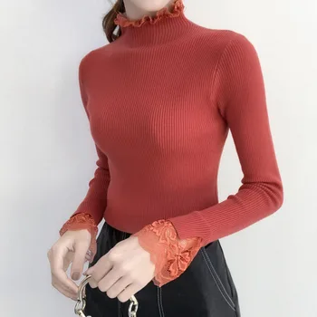 

Women 2019 Autumn Knitted Warm Pullover With Lace Causal Long Sleeve Turtle Neck Jumper Wholesale Korea High Quality Sweater