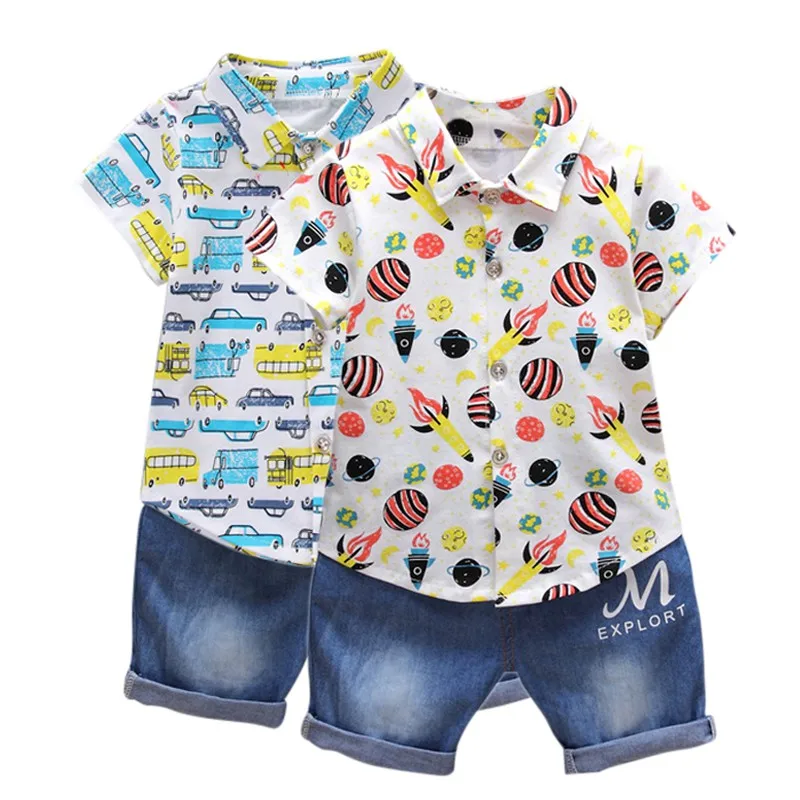 

2018 Spring Baby Boy Clothing Set Fashion Print Cartoon Car Short Sleeve T-shirt + Blue Jeans Newborn Clothing Set