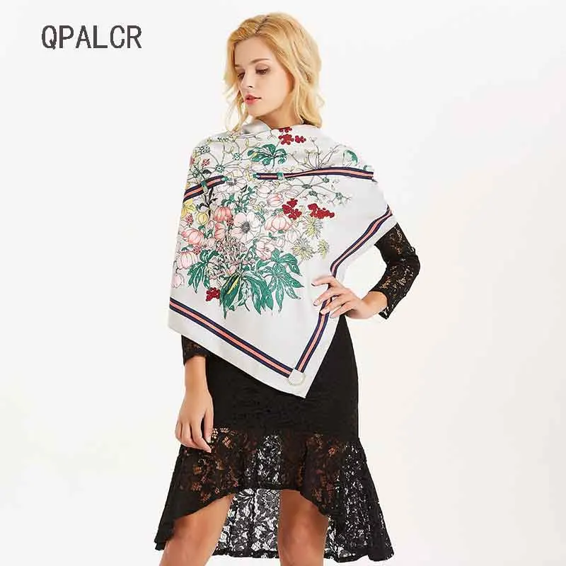 

QPALCR Silk Scarves For Women Print Foulard Satin Square Head Hijab Scarfs Beach Luxury Brand Shawls 130*130 Bandana Large Scarf