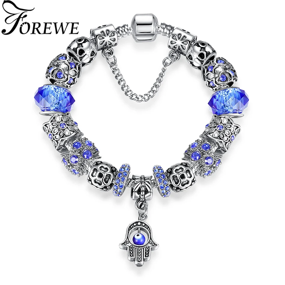 Fashion 925 Silver Charm Bracelet Eye Hamsa Hand Bracelets For Women
