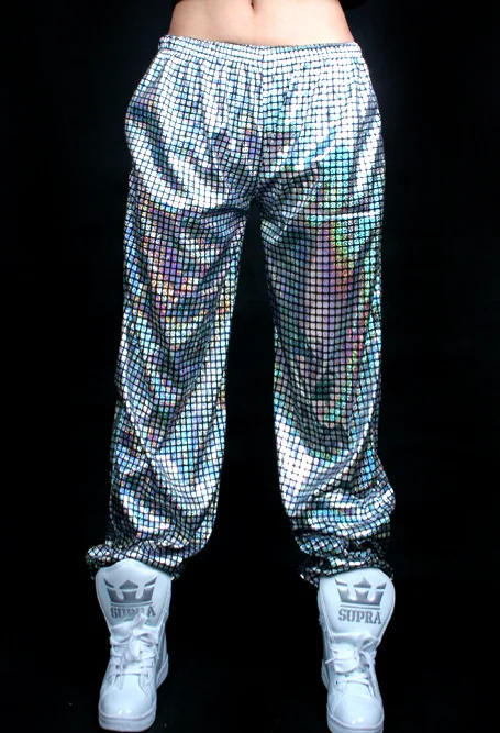 Взрослый Детский костюм с пайетками, с лазерными светоотражающими блестками, Джазовый, глянцевый, золотой, серебряный, в клетку, свободные джоггеры, шаровары для хип-хопа, танцевальные штаны - Цвет: Серебристый