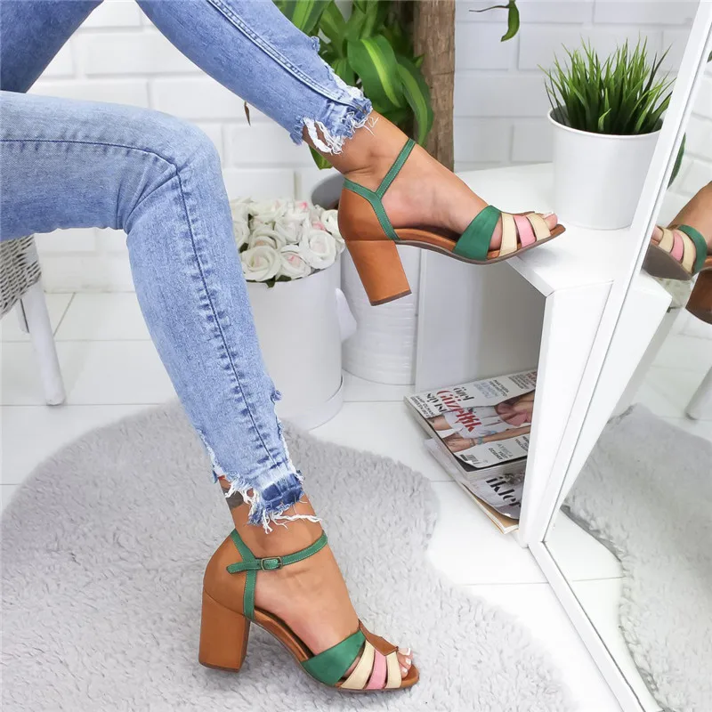 

MoneRffi Women Shoes Women Sandals Strap Heel Peep Toe Chunky Heel Vintage Slip On Elastic Bandage Grace Platform Sandals