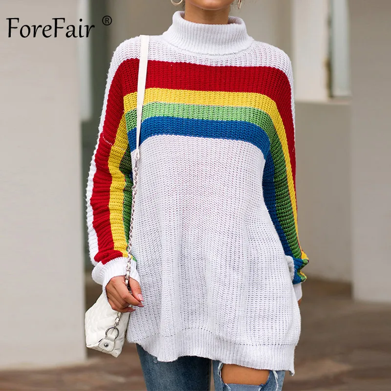 

Forefair Knitted Turtleneck Rainbow Sweater Women Pullovers Autumn Winter 2019 Colorful Stripe Casual Oversize Sweaters Female