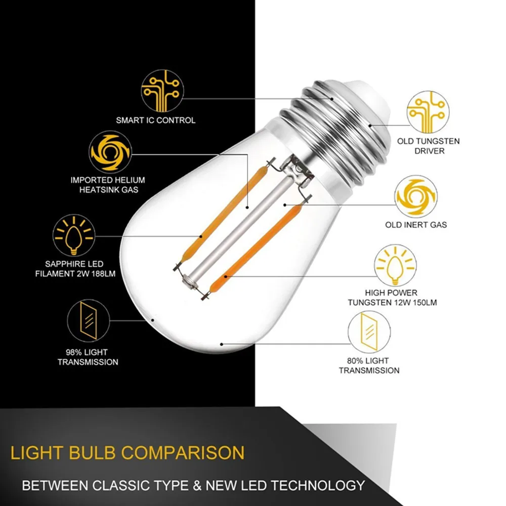 LED String Lights Decorative Lights String Lights IP65 Waterproof Garland Light with S14 LED Edison Bulbs Outdoor Heavy Duty String Light for Wedding Party Holiday Garden