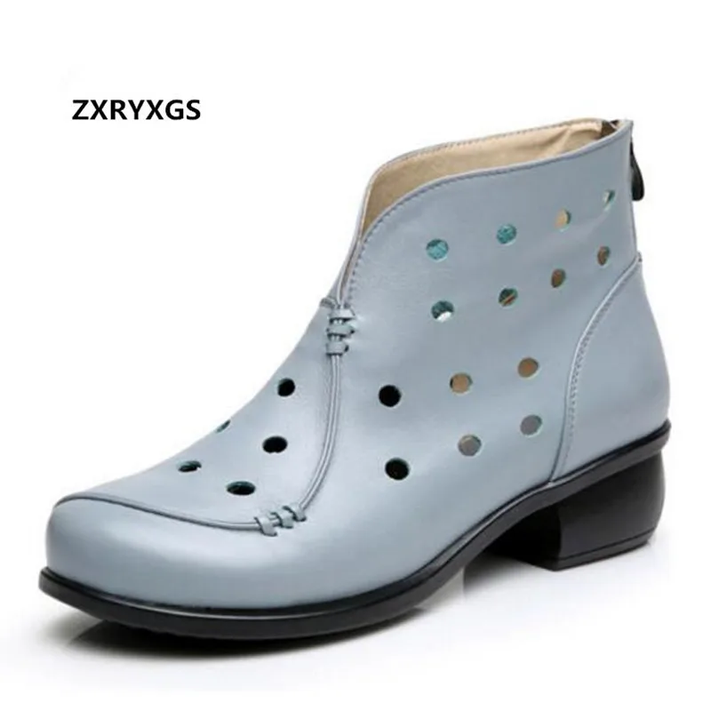 

2018 New Breathable Hollow Real Leather Boots Women Boots Thick Heel Casual Shoes Woman Fashion Boots Ankle Boots Plus Size