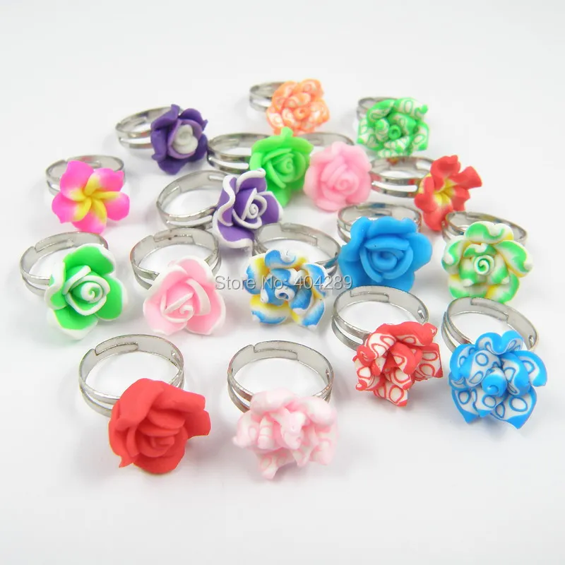 20Pcs Children Polymer Clay Flower Finger Rings For Kids Flower