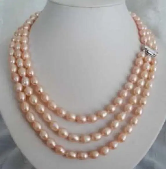 

3 row Charming natural 10-12mm south sea pink pearl necklace jewelry Natural Pearl Silver Jewelry