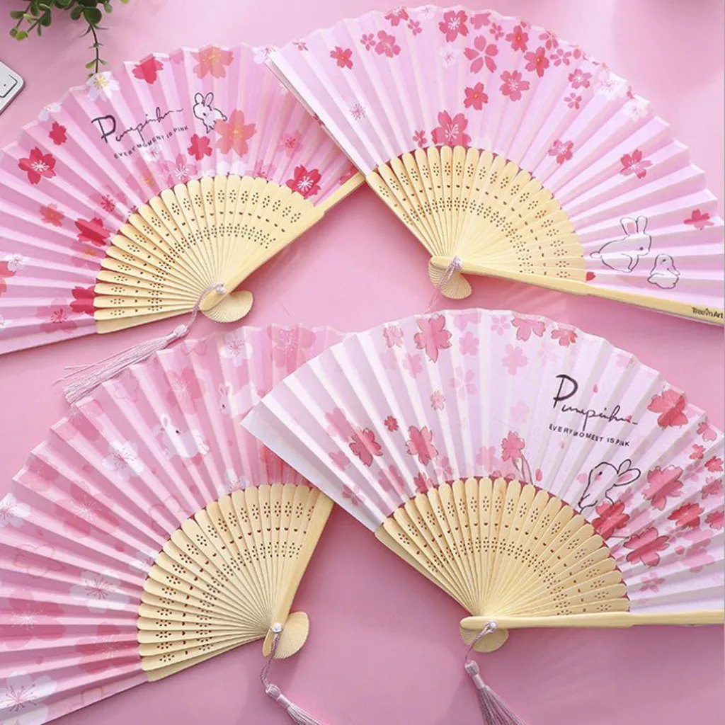 Flowers Style Hand Held Silk Bamboo Folding Fan Wedding Favor 