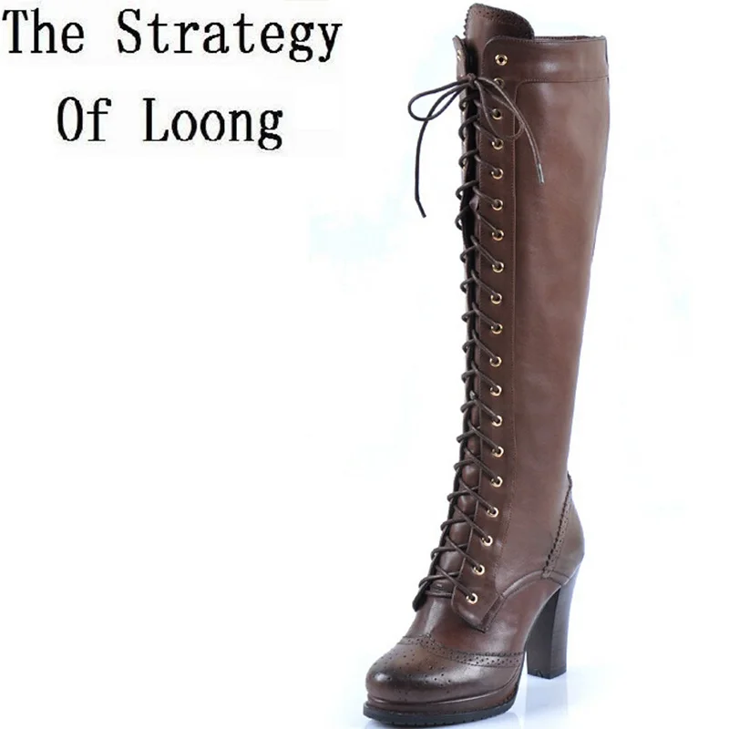 2018 New Winter Women Genuine Leather Thick High Heel Lace-up Round Toe Knee Boots Plus Size 43 44 45 Big | Обувь