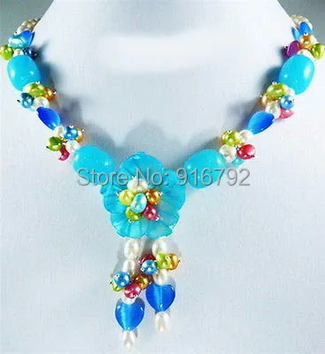 

YH@CS >>Multicolor Green Red White Pearl Blue Opal Jade Shell Flower Pendant Necklace