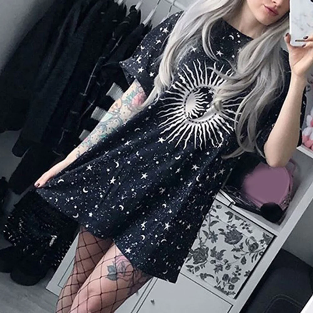 Летняя футболка Harajuku Свободные Длинные женские Moon звезда печатных Повседневное