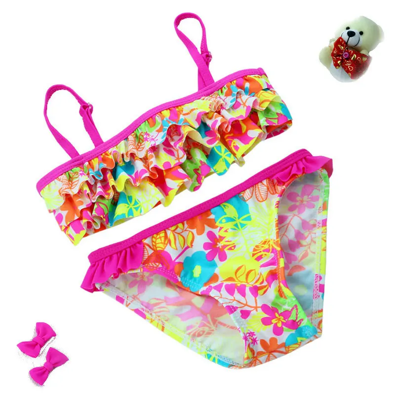 

2~8Year Baby Girls Swimsuit Two pieces Girls Swimwear Lovely flower Children Beachwear Ruffle style Kids Bathing suit- K64