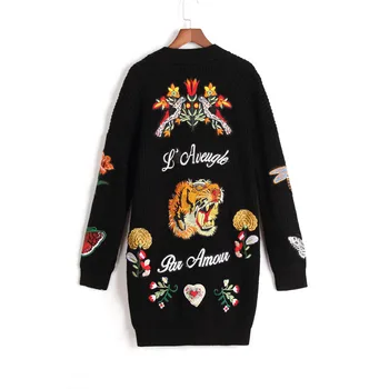 

Runway Women Embroidery Tiger Jacket Women Black Long Sweater Cardigans 2018 Autumn Winter Lady Vintage Jumper Coat Clothing