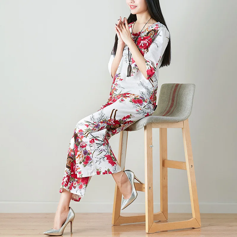 

Real Shot 2018 Autumn Summer Cotton Linen Slim Print V Neck Three Quarter Sleeve Shirt Wide Leg Ankle-Length Pants Suit Women