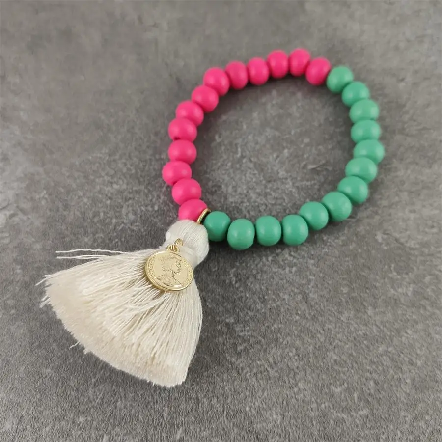 Новая мода резиновое покрытие эластичный браслет из бусин с красочными большими кисточками для женщин Летний пляж призвание ювелирные изделия - Окраска металла: wood bead