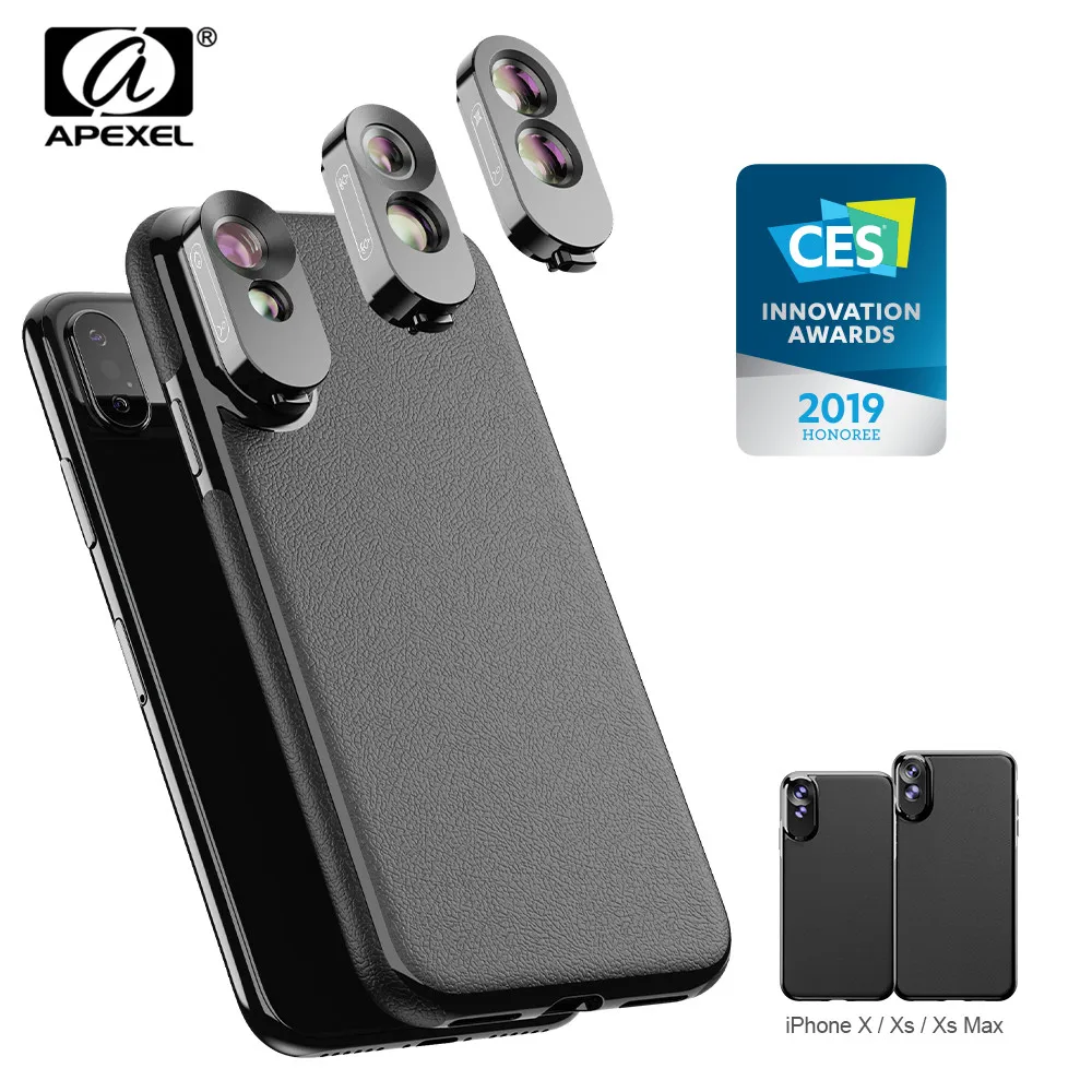 

APEXEL 3 in 1 Dual Macro Lens Case Set Wide Angle Telephoto Fisheye Lens With PU Leather Phone Case Kit For iPhone X,XS,XS Max