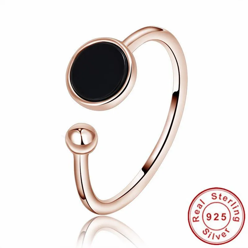 

Rose Gold Color Ball Round Black Onyx Rings For Women 925 Silver Open Ring