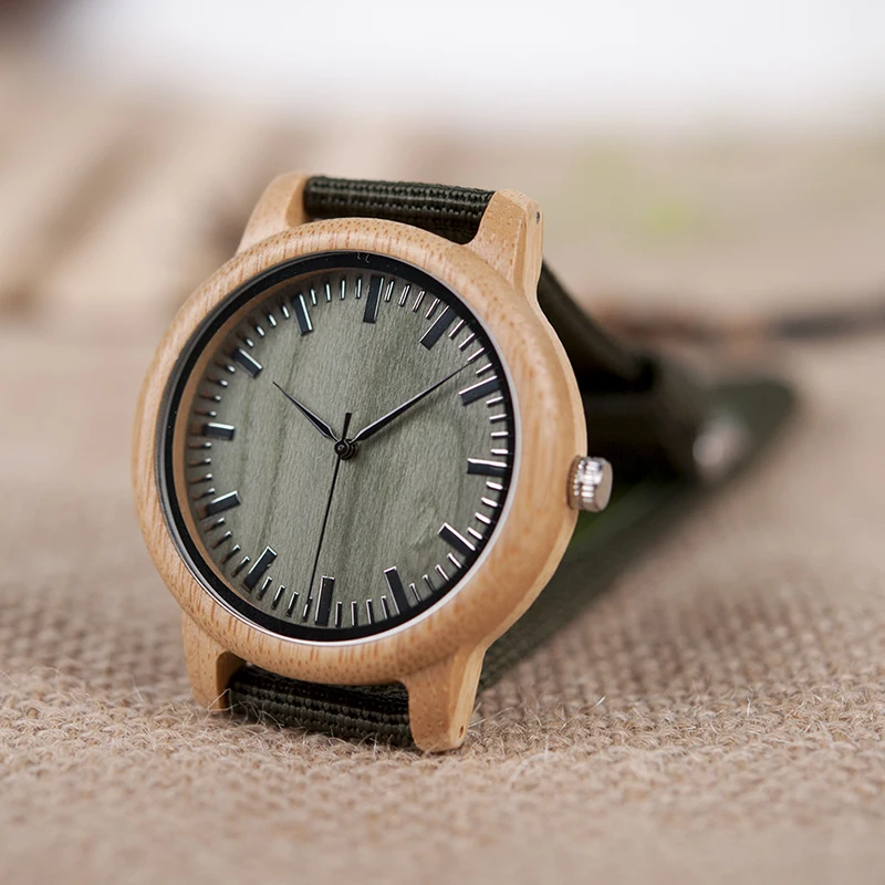 BOBO BIRD V-D11 Mens Bamboo Wooden Quartz Watches Green Wooden Face Green Nylon Strap Quartz Watch relojes hombre