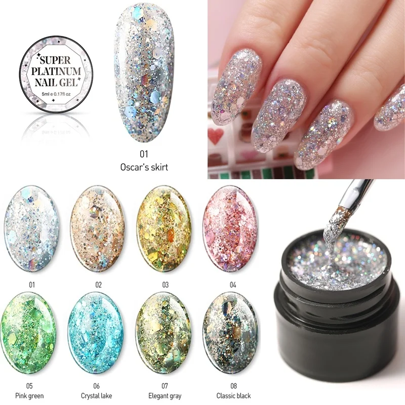 

Lacheer Platinum Glitter UV Nail Gel Polish Soak Off Sequins Led Gel Nail Art Gel Lacquer Semi Permanent Diamond Glitter Polish