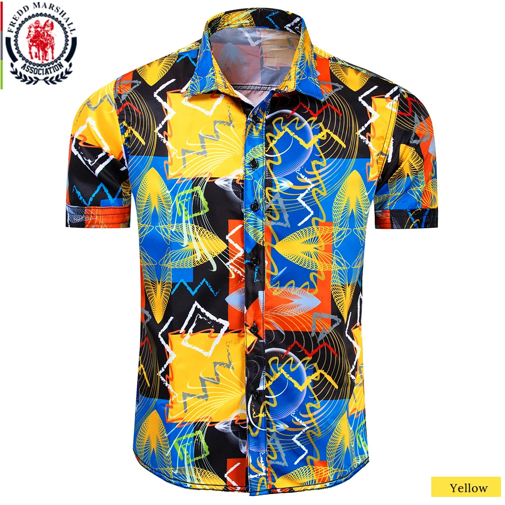 Fredd Marshall, летняя мода, Пляжная гавайская рубашка, мужская повседневная рубашка с принтом, короткий рукав, одежда для отдыха, 55894 - Цвет: 55894 Yellow