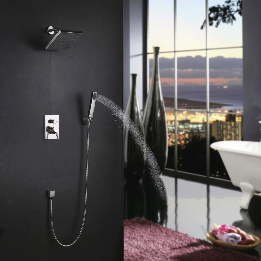 

Free shipping Bathroom Wall Mounted Square Rainfall Head Hand Shower System Brushed Nickel Set
