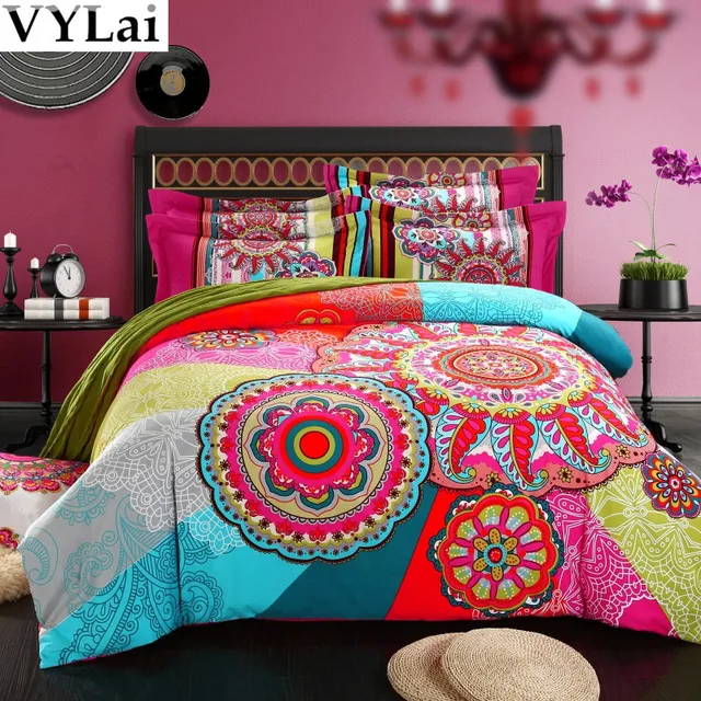Queen King size 100 Organic Cotton Bohemian Boho Style colourful comforter sets duvet cover