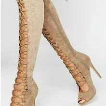 Модные женские туфли с открытым носком замшевые босоножки-гладиаторы до колена сапоги вырез ремень Wrap сандалии-сапоги на высоких каблуках Модельные туфли