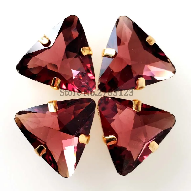 

Free shipping Gold bottom Wine red 18mm crystal glass Triangle shape sew on stones with claw,loose rhinestones 20pcs/bag