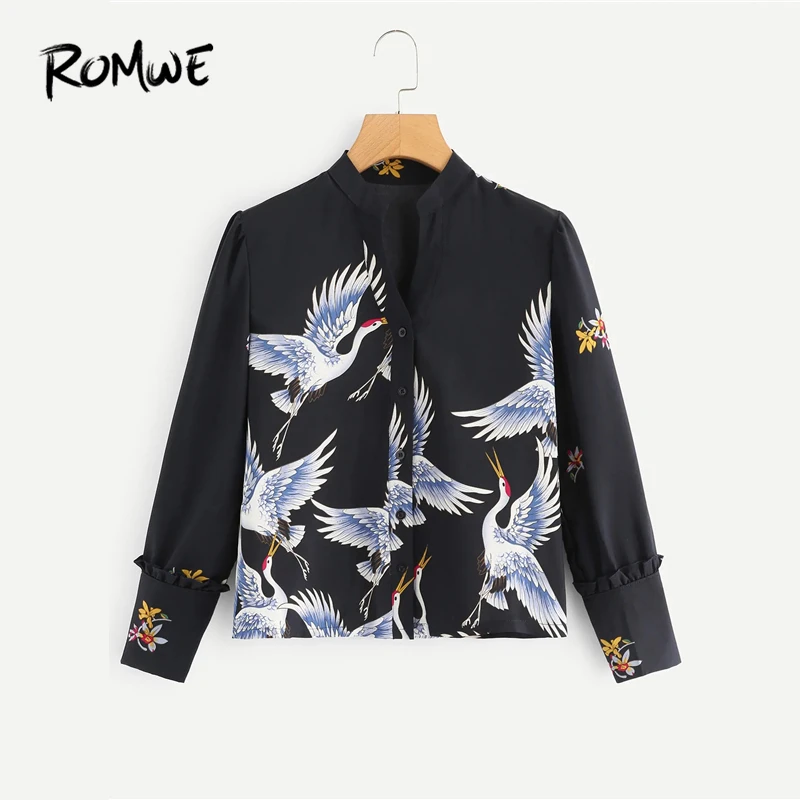 

ROMWE Frill Detail Crane Print Blouse 2019 Chic Black Spring Autumn Stand Collar Tops And Blouses Long Sleeve Women Blouse