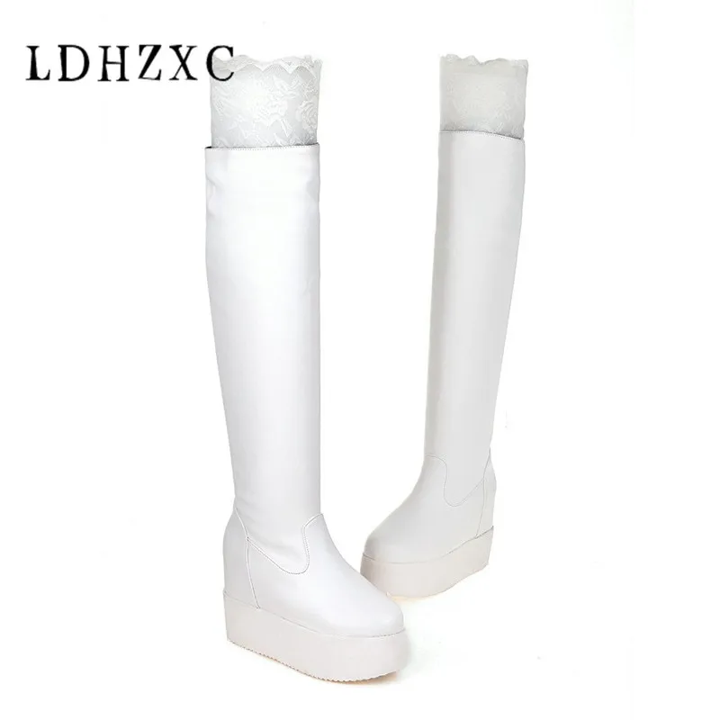 

LDHZXC 2019 new slip on chunky Heels Women Shoes Woman winter boots add fur Over The Knee Boots Black Long Booties