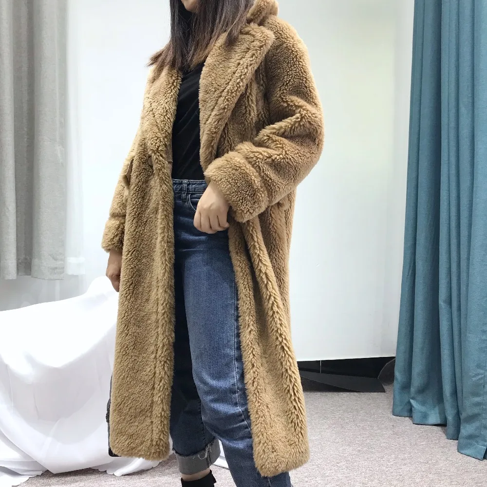 

2018 New Fashion Winter Wool Coat Women Female Thick Pocket Overcoat long Outerwear Turn-down Collar Fur Coat