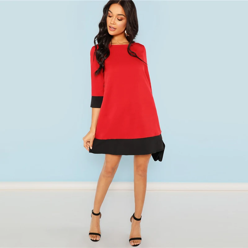 SHEIN красное платье-туника с контрастной отделкой, рабочая одежда с цветными блоками, короткие платья с рукавом 3/4, женское осеннее элегантное прямое короткое платье