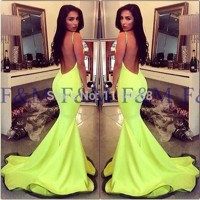 2016 Sexy Lady New Fashion Classic Mermaid Spaghetti Straps Yellow Bare Back Top Quality Floor Length