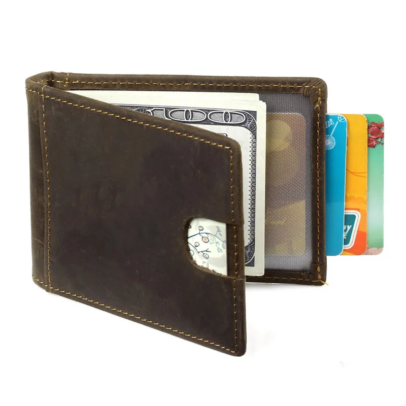 

Nesitu RFID Blocking Vintage Brown Durable Genuine Leather Men Money Clip Wallets Purse Crazy Horse Leather Man Wallet M9006