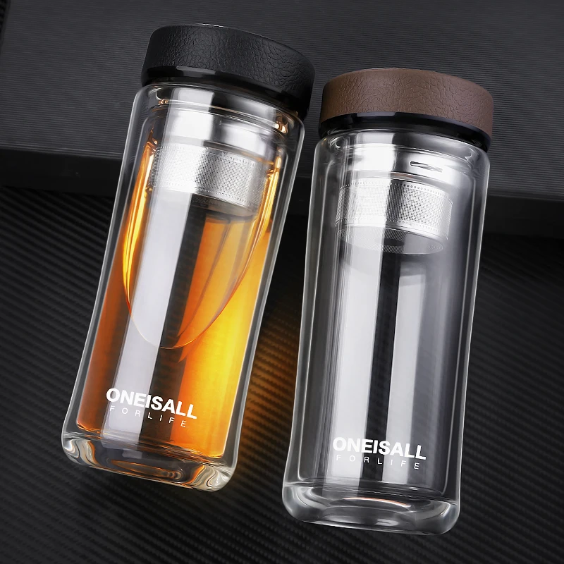 

ONE Men's Glass Water Bottle 480ml Double Wall Tumbler With Tea Filter Drinking Glass Bottle Hand-made High Borosilicate Glass
