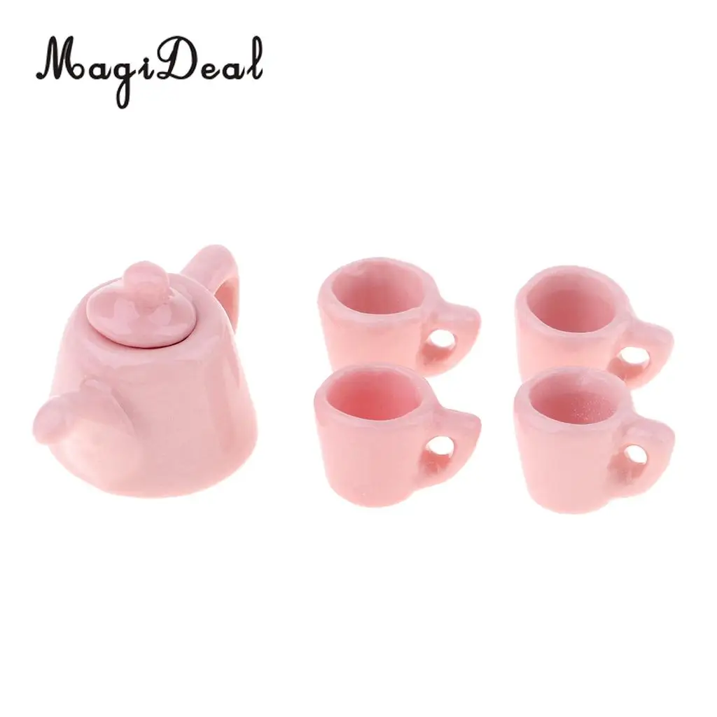5 Pieces 1/12 Dollhouse Miniatures Dining Ware Porcelain Tea Cup Set Kitchen Accessory Pink